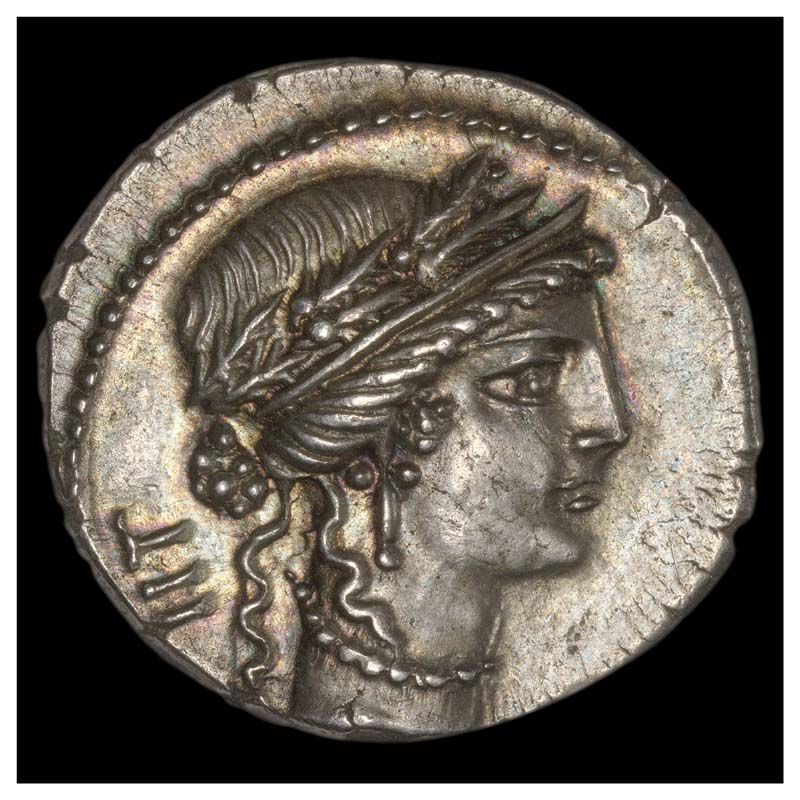 Julius Caesar trophy campaign denarius obverse